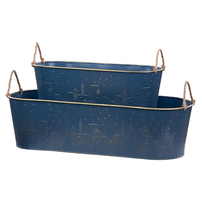 Blue/Gold Oval Winter Planter  Set of 2