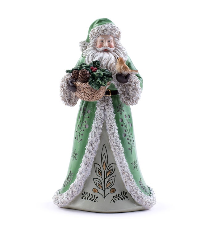 Green Coat Santa with Basket & Bird