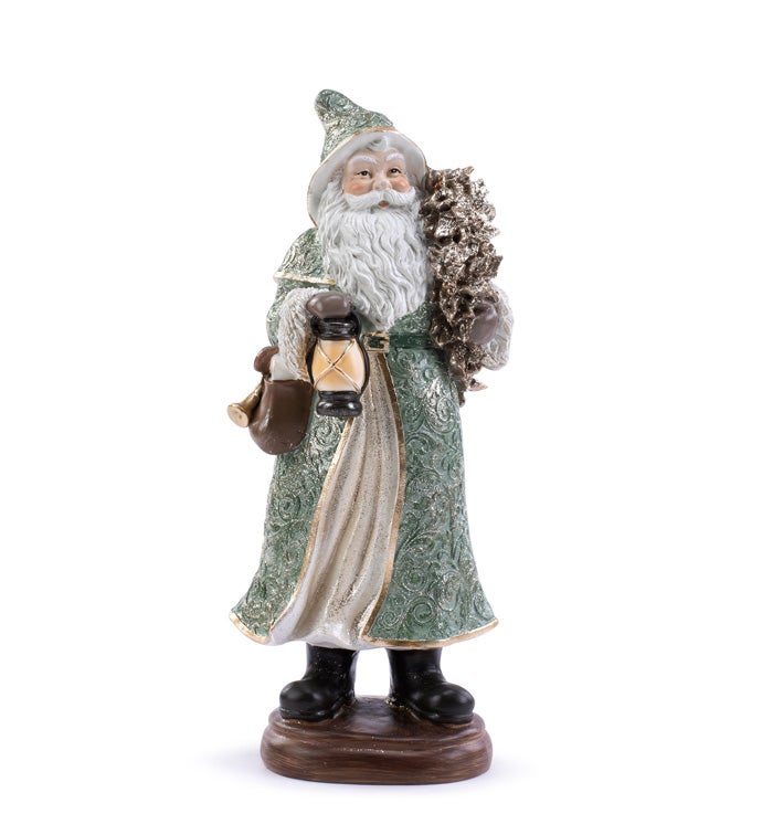 Green Coat Santa Holding Lantern & Wreath