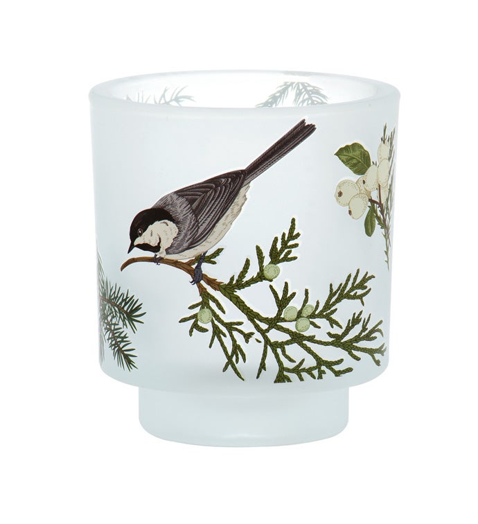 Chickadee on Branch Glass Candleholder
