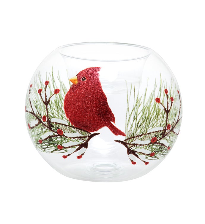Cardinal on Branch Glass Candleholder