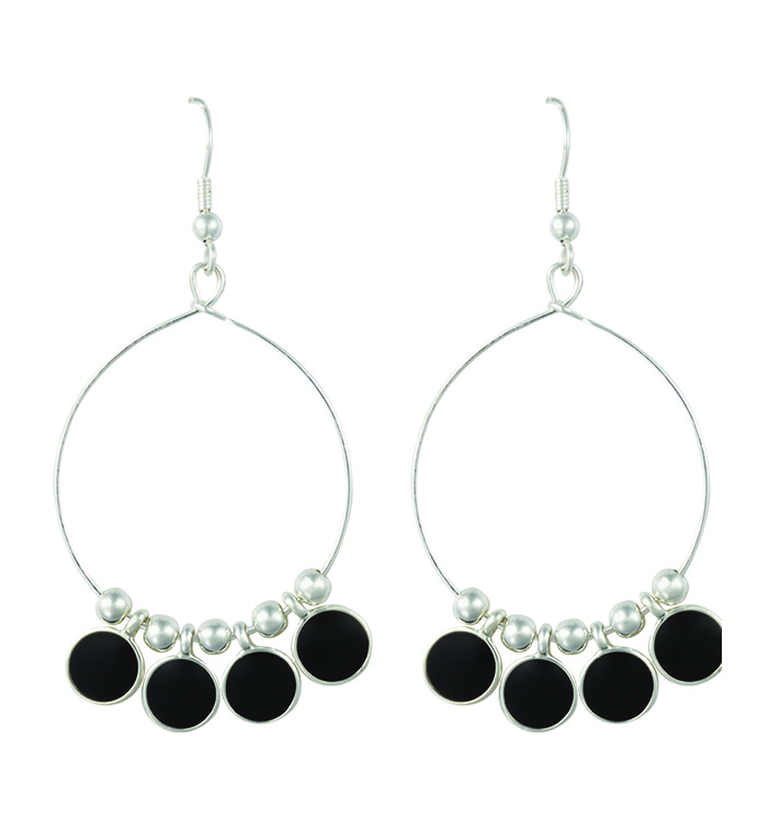 Silver Hoop Earrings with Black Sto