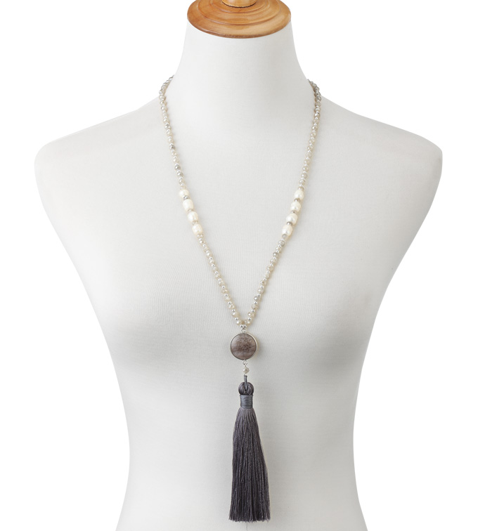 Grey Bead Tassel Necklace