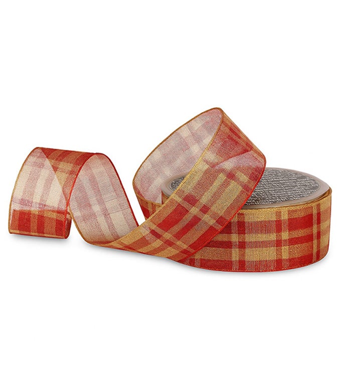 1.5" Red/Gold French Wired Metallic Tartan - Case of 1