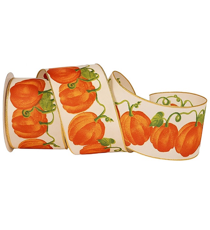 2.5" Gold Wire Edge Pumpkins Ribbon - Case of 1