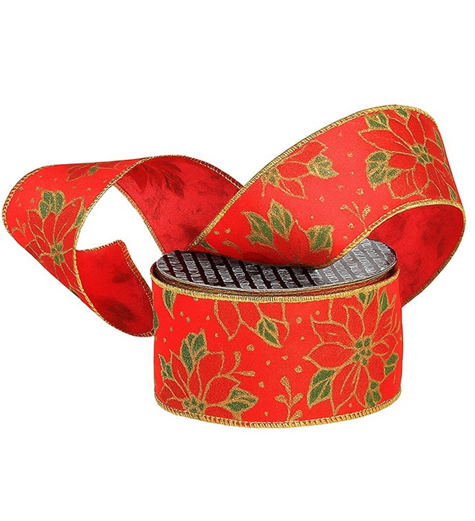 2.5" Wired Gold Print Ribbon Red Poinsettia - Case of 1