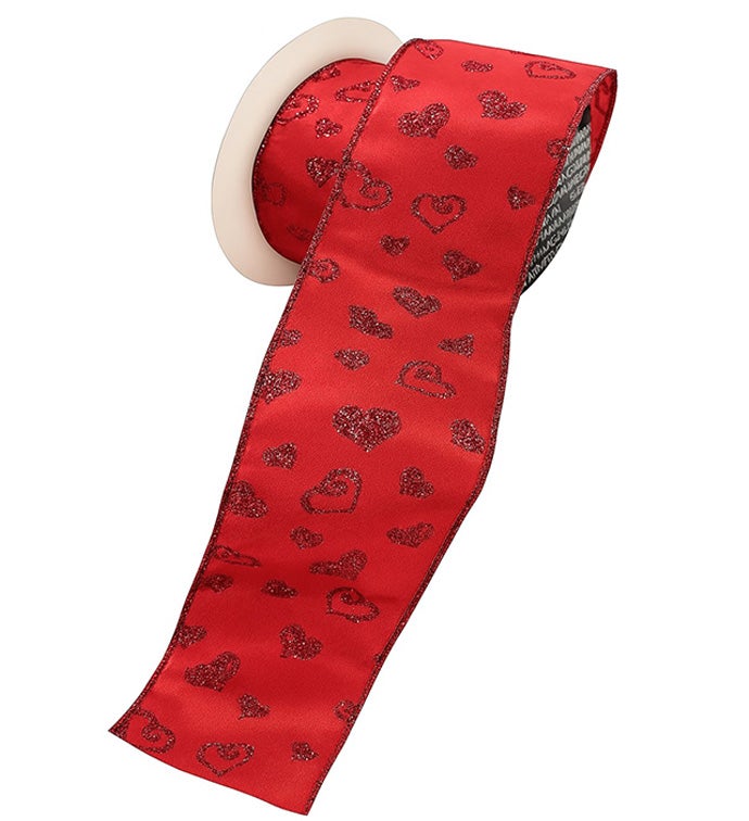 2.5" x 20 yards Red Wired Artistic Glitter Hearts - Case of 1