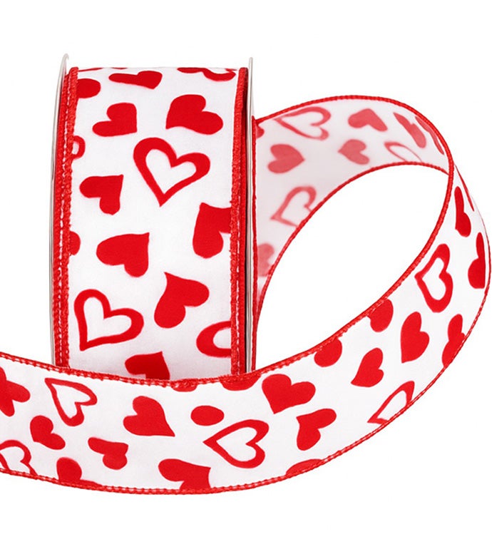 2" x 20 yards Wired White/Red Flock Valentine Ribbon - Case of 1