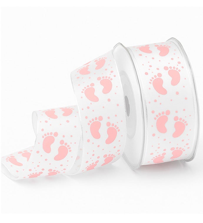 1.5" Pink Wired Baby Feet Ribbon - Case of 1 