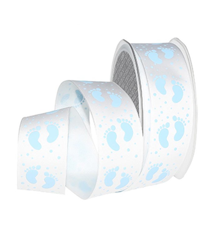 1.5" Blue Wired Baby Feet Ribbon - Case of 1 