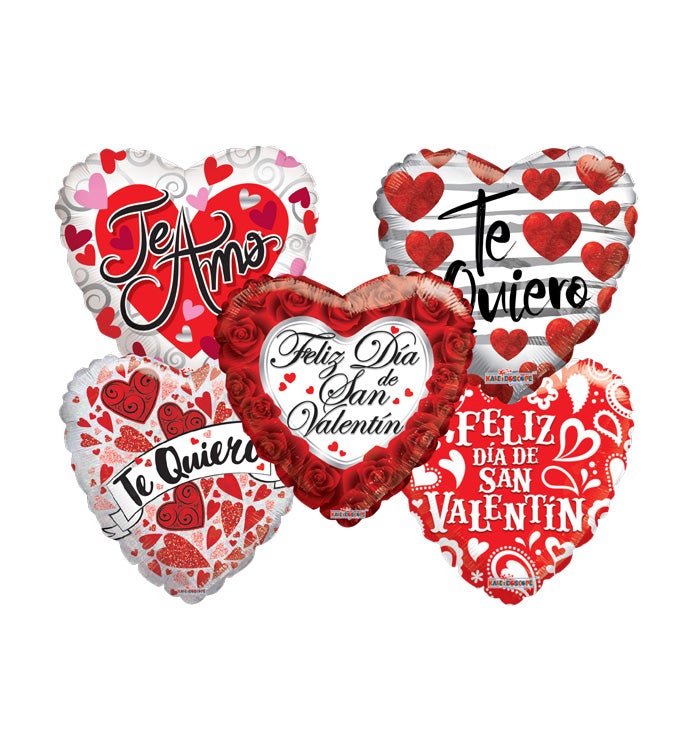 18" Hispanic Valentine's Day/Love Pre-Ribboned Foil Balloon Assortment - Case of 25