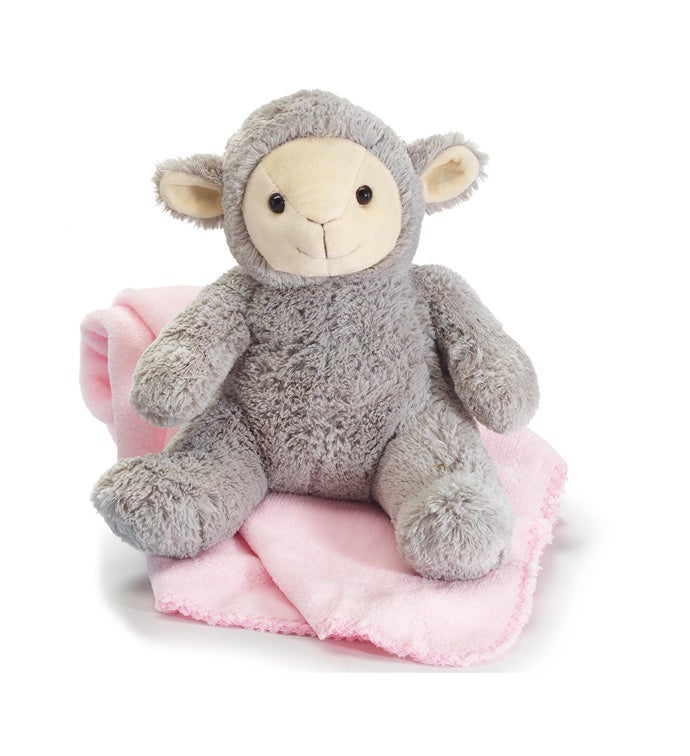 Plush 10 1/2" Gray Lamb With Pink Blanket Rolled On Lap - Case of 4