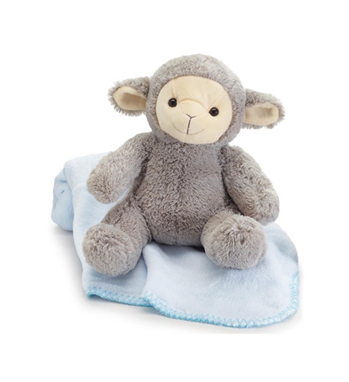 Plush 10 1/2" Gray Lamb With Blue Blanket Rolled On Lap - Case of 4
